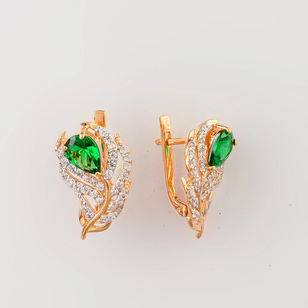 Серьги с изумрудом синтетическим из красного золота 585 пробы