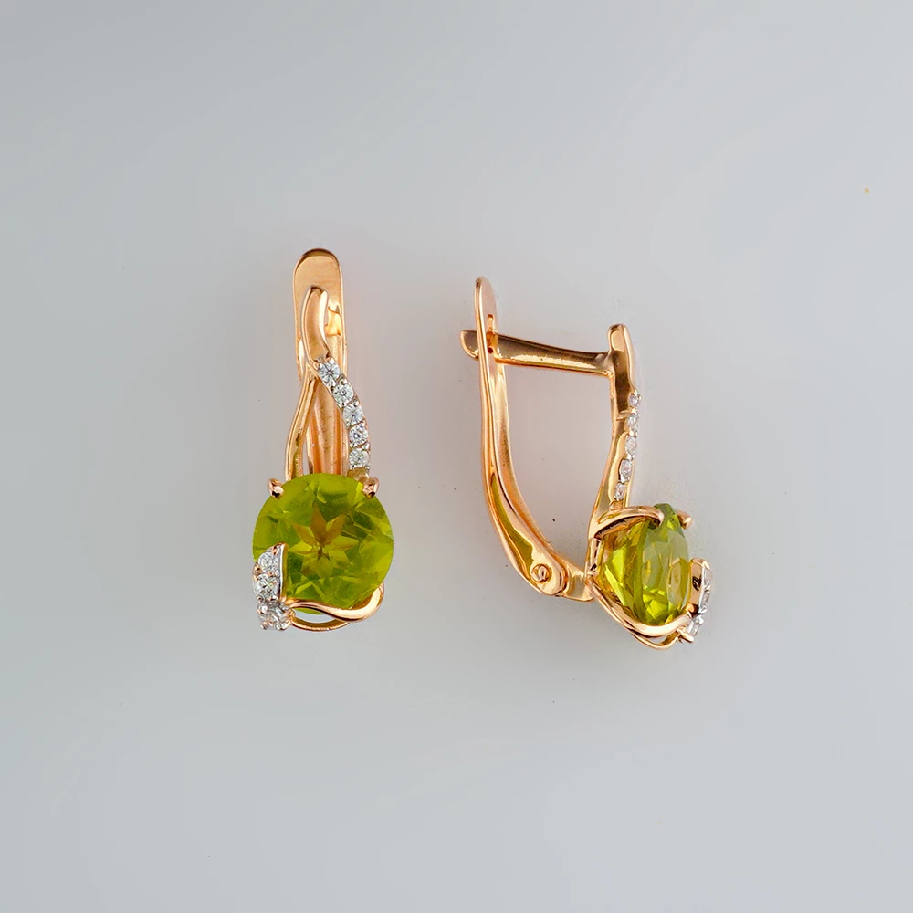 Серьги с хризолитом из красного золота 585 пробы