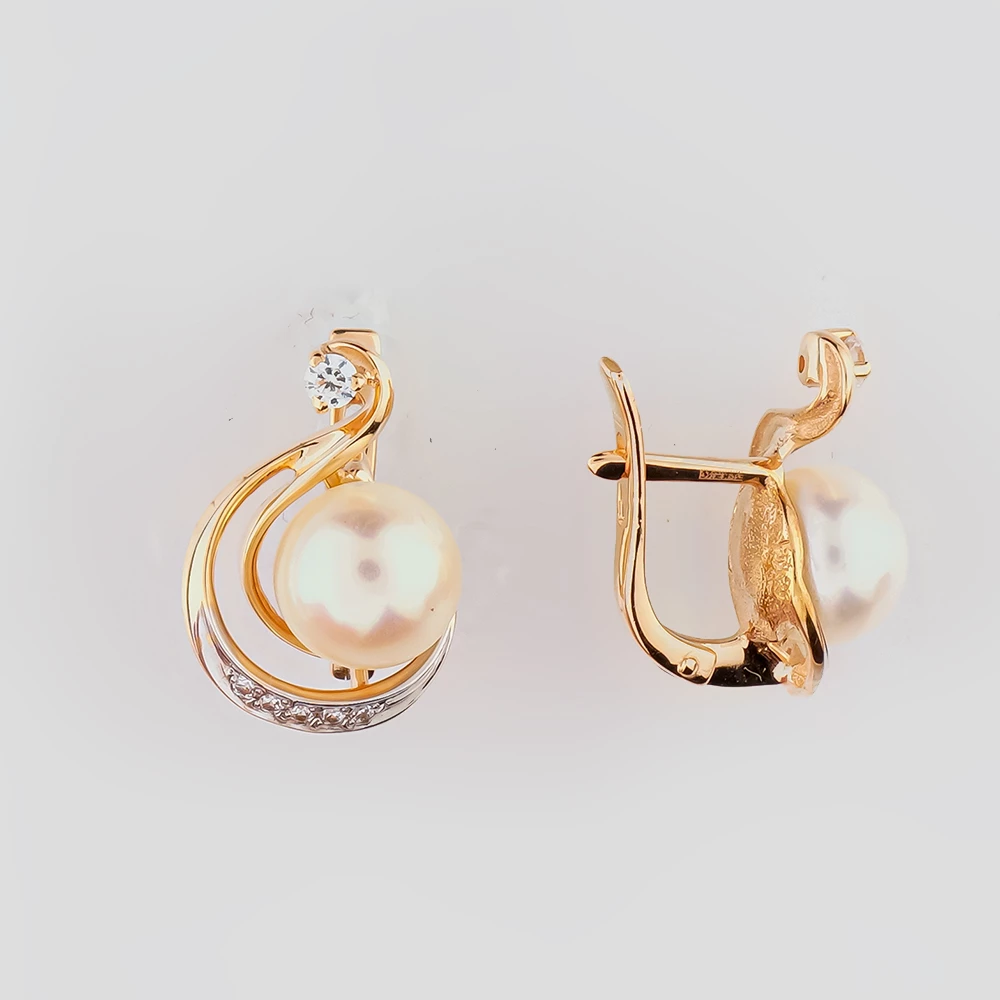 Серьги с культивированным жемчугом из красного золота 585 пробы