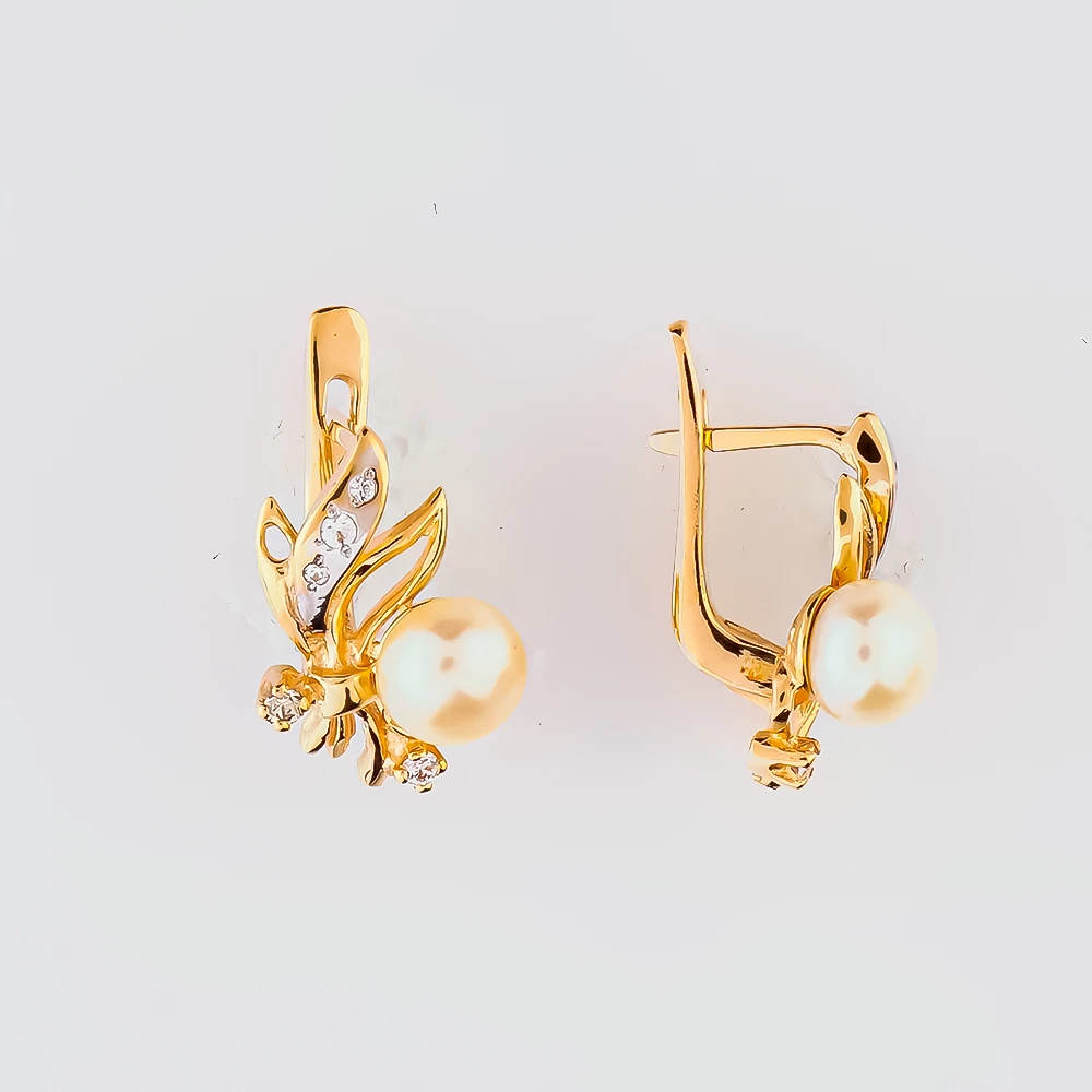 Серьги с культивированным жемчугом из красного золота 585 пробы