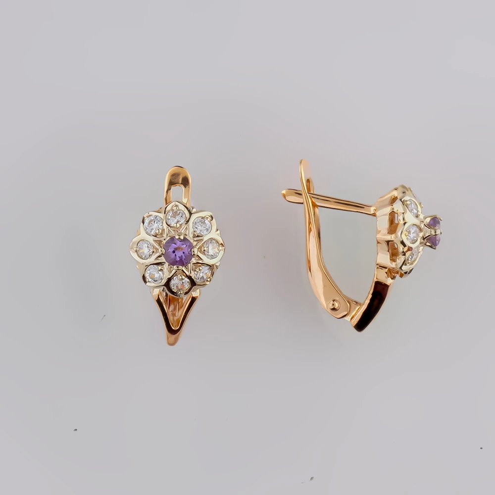 Серьги с фианитом из красного золота 585 пробы