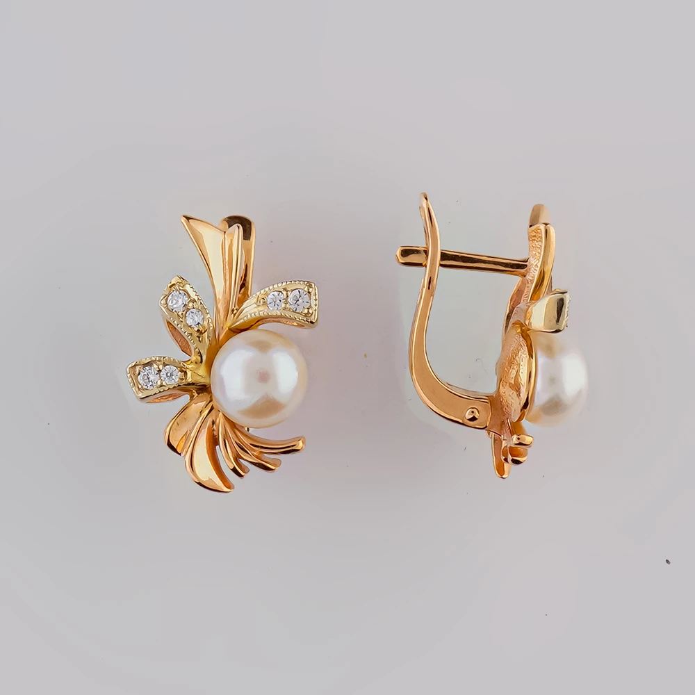 Серьги с культивированным жемчугом из красного золота 585 пробы