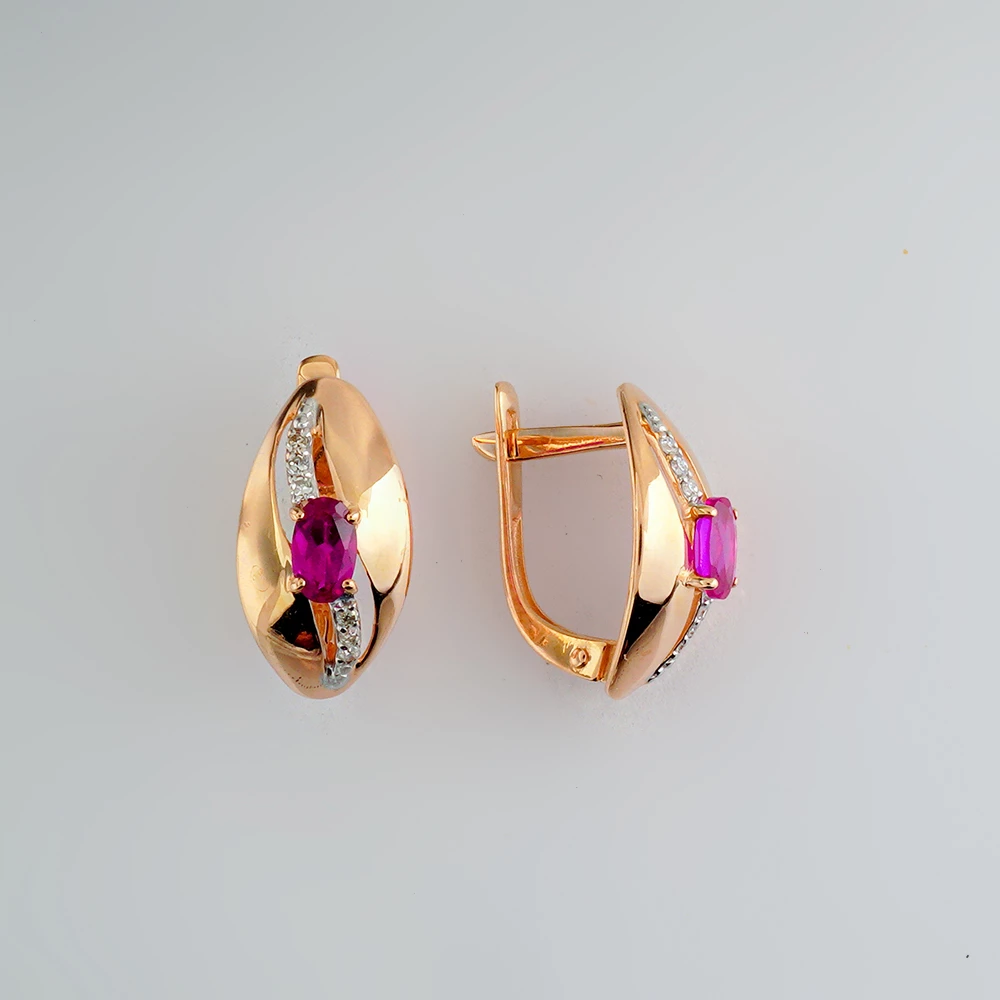 Серьги с рубином синтетическим из красного золота 585 пробы