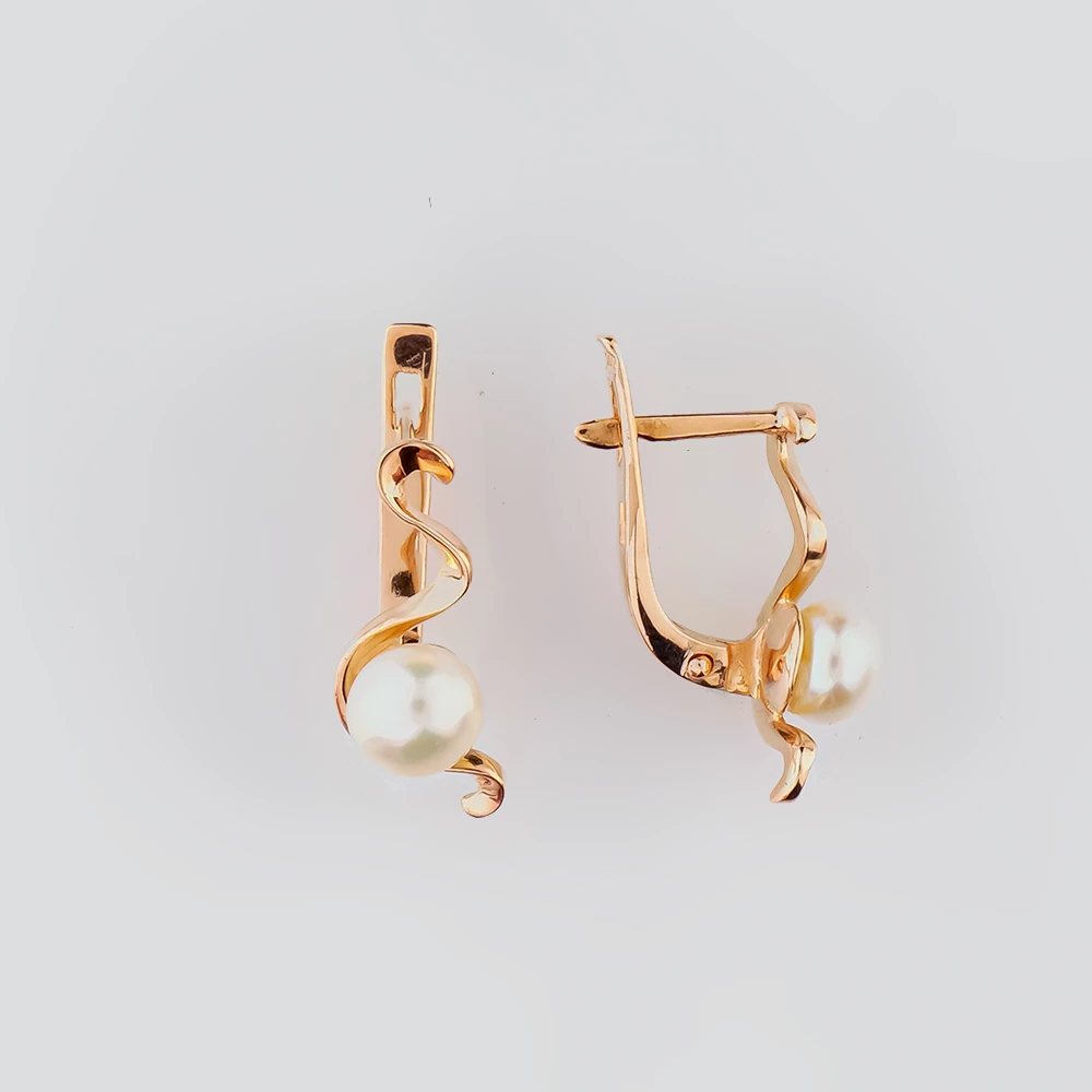 Серьги с культивированным жемчугом из красного золота 585 пробы