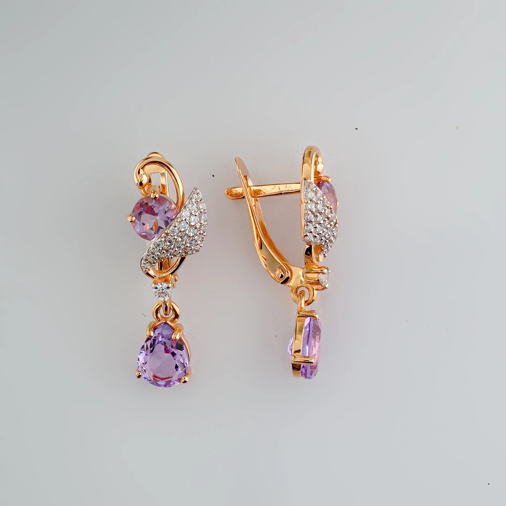 Серьги с аметистом из красного золота 585 пробы