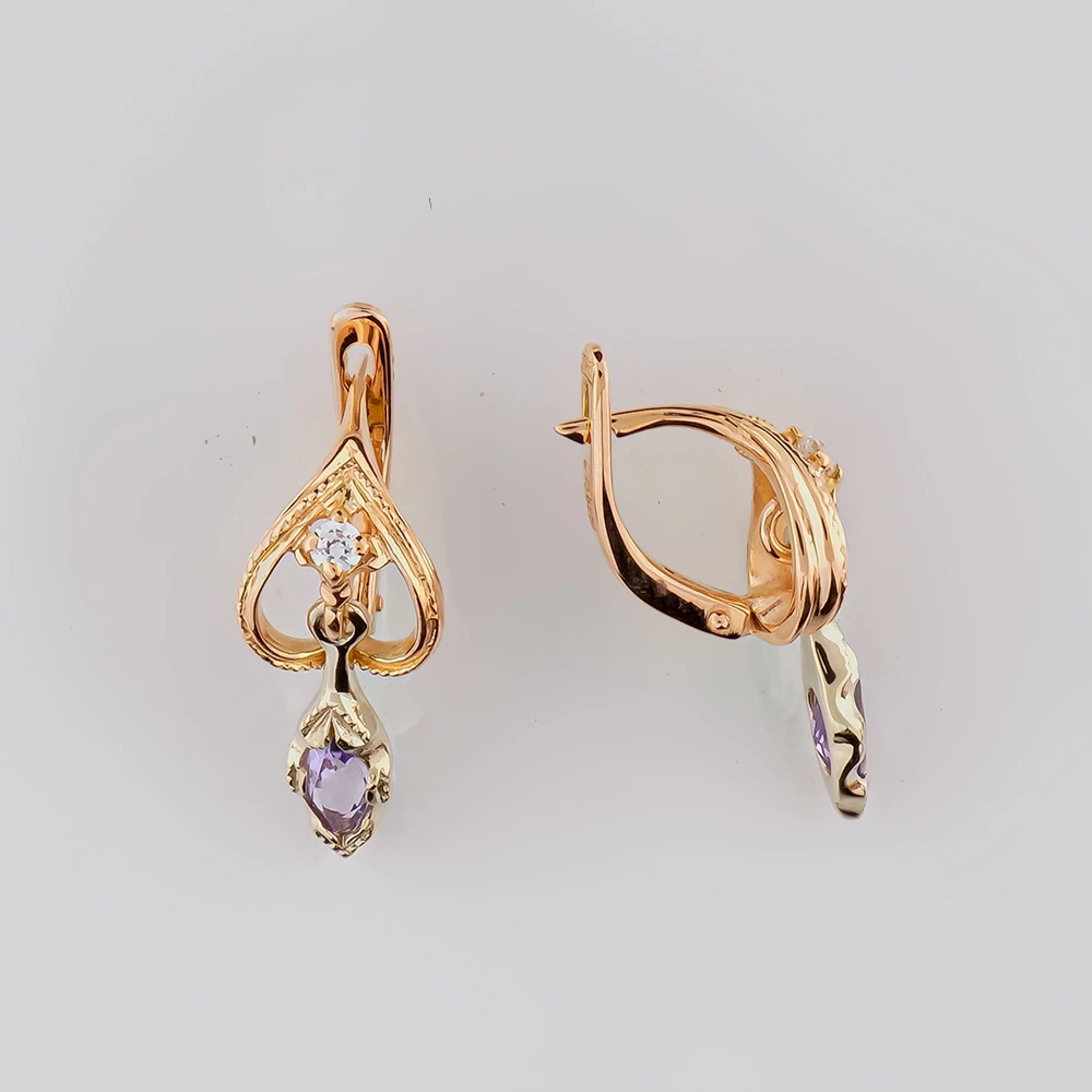 Серьги с аметистом из красного золота 585 пробы