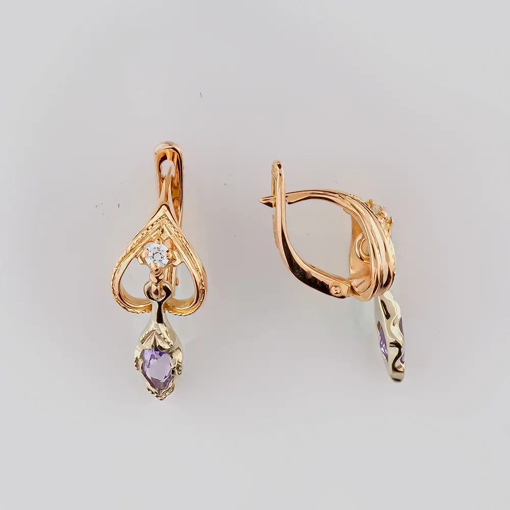Серьги с аметистом из красного золота 585 пробы