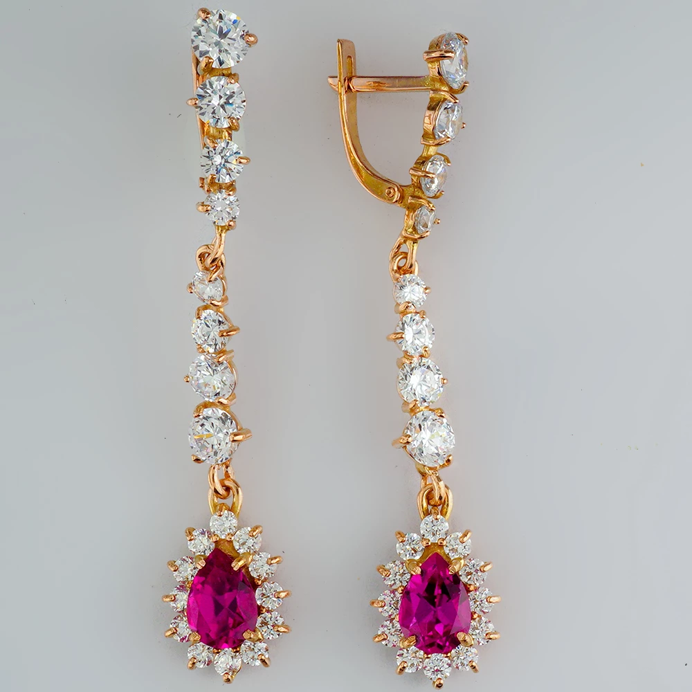 Серьги с рубином синтетическим из красного золота 585 пробы