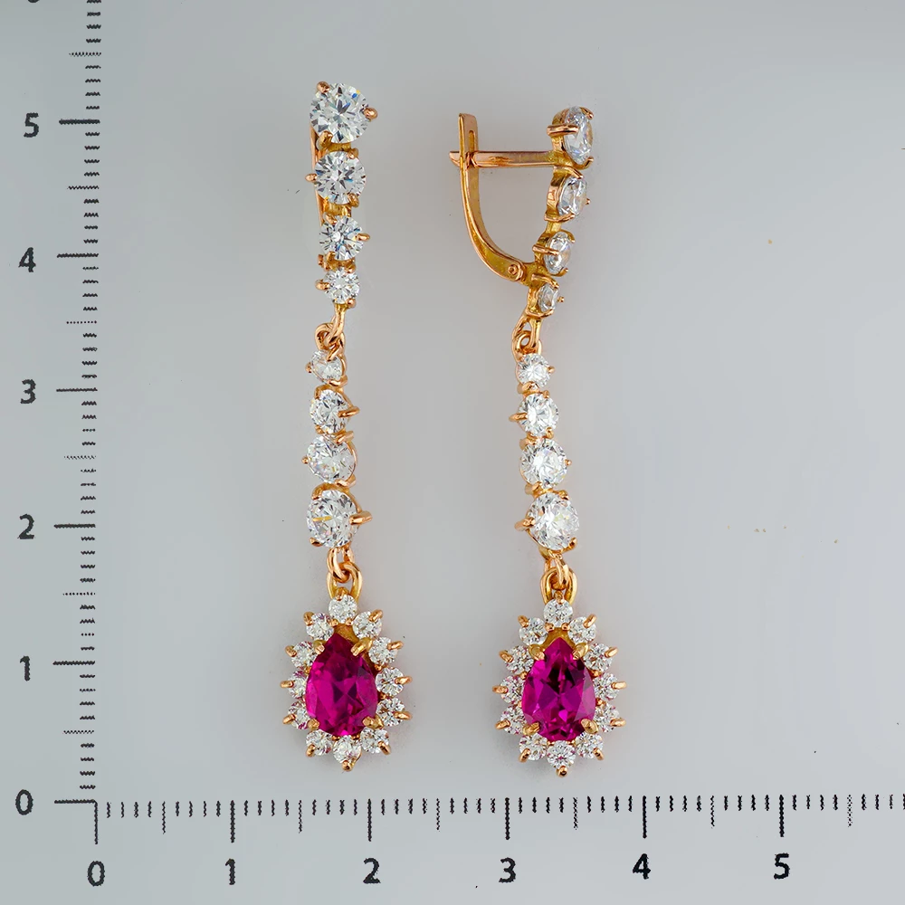 Серьги с рубином синтетическим из красного золота 585 пробы