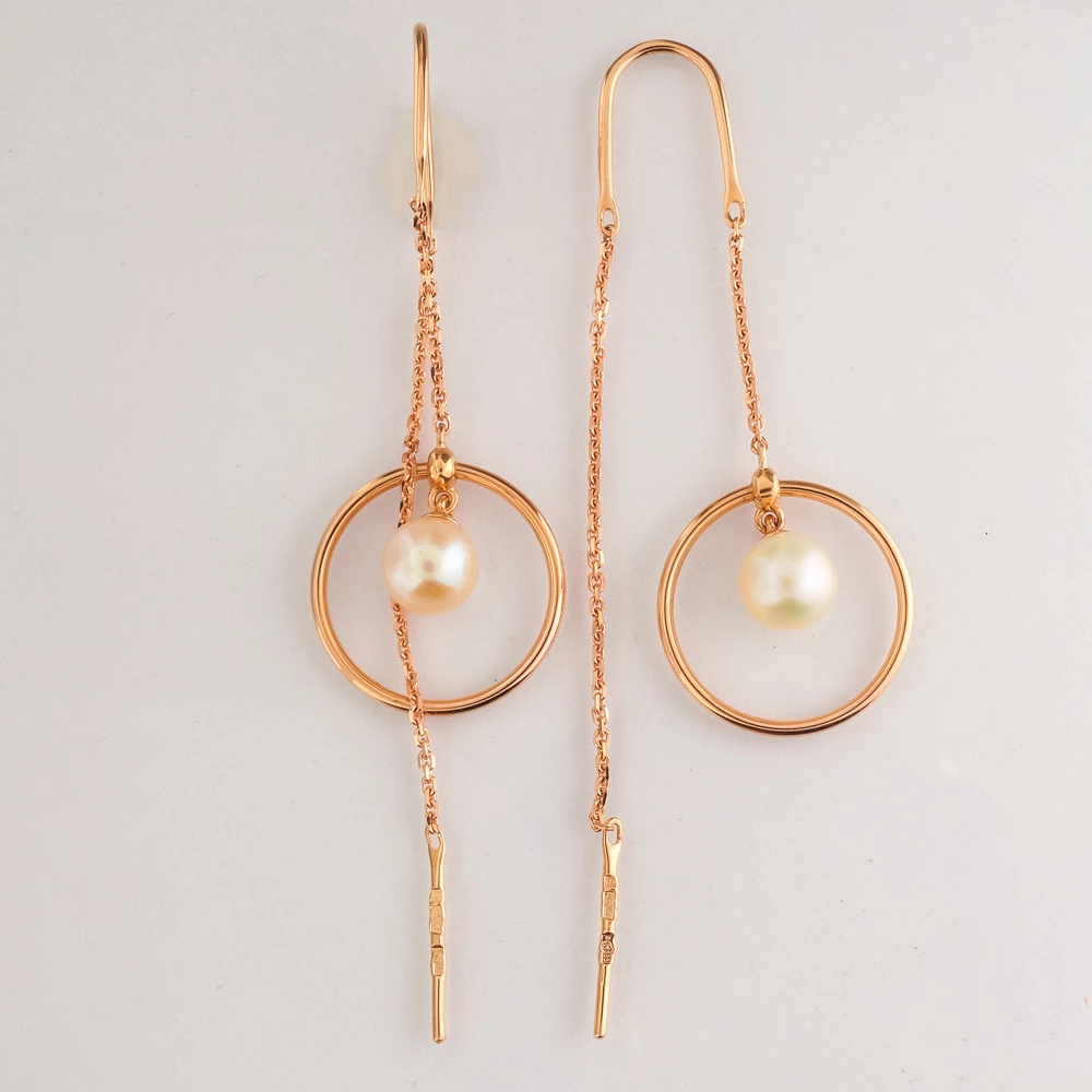 Серьги-продевки с культивированным жемчугом из красного золота 585 пробы