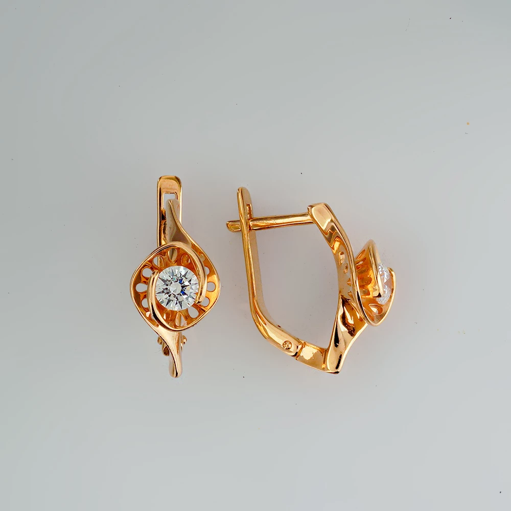 Серьги с фианитом из красного золота 585 пробы