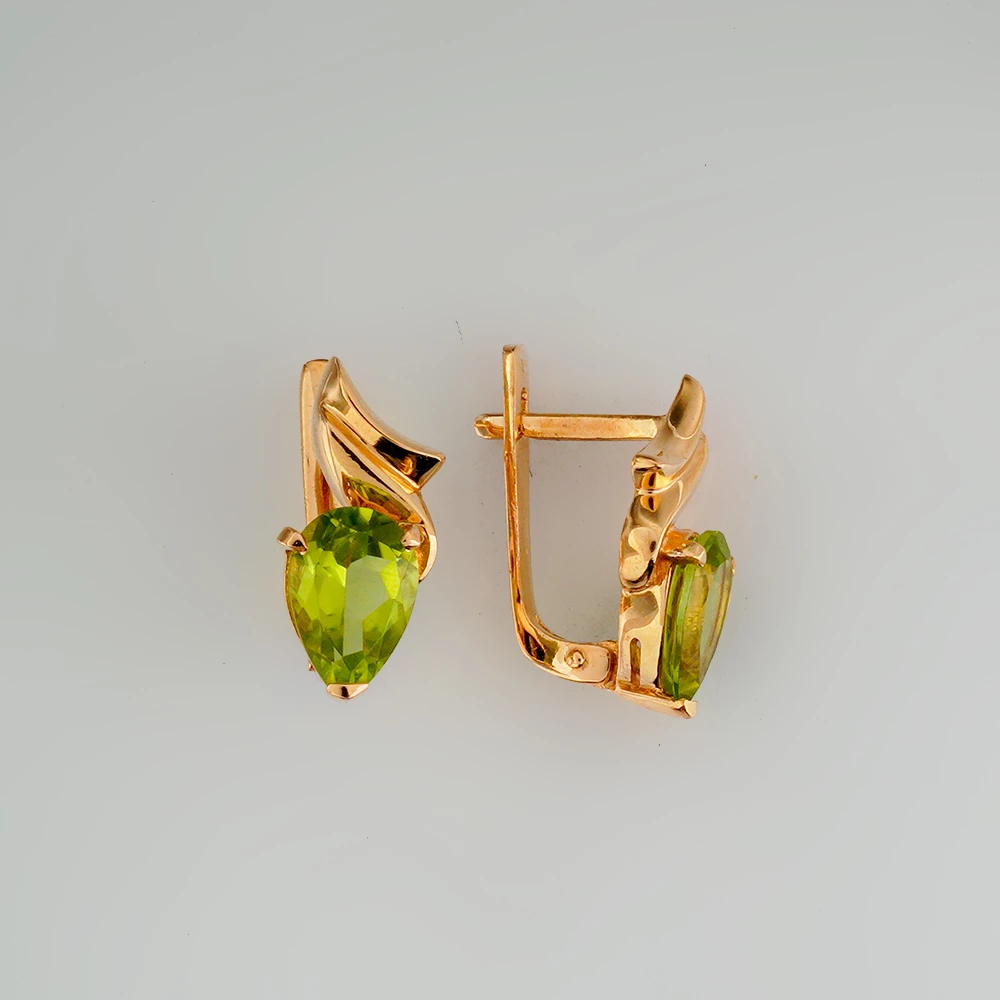 Серьги с хризолитом из красного золота 585 пробы