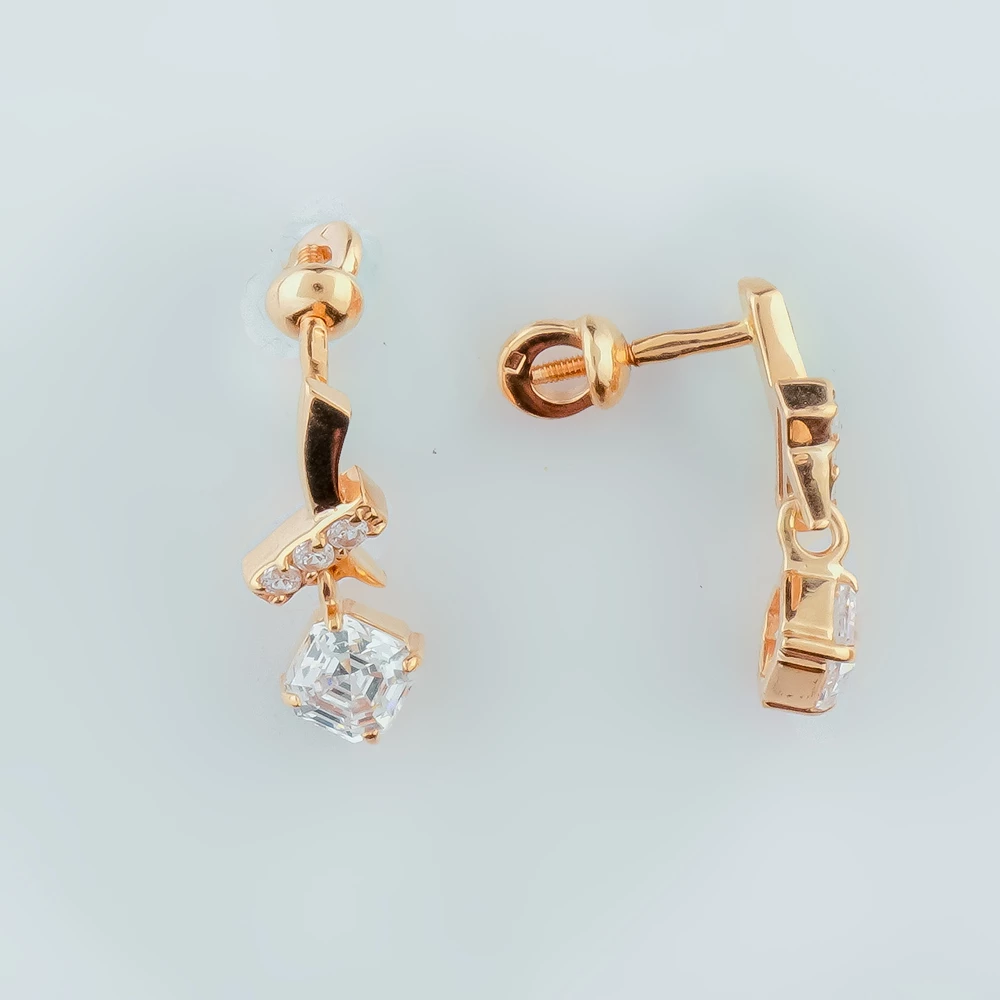 Серьги с фианитом из красного золота 585 пробы