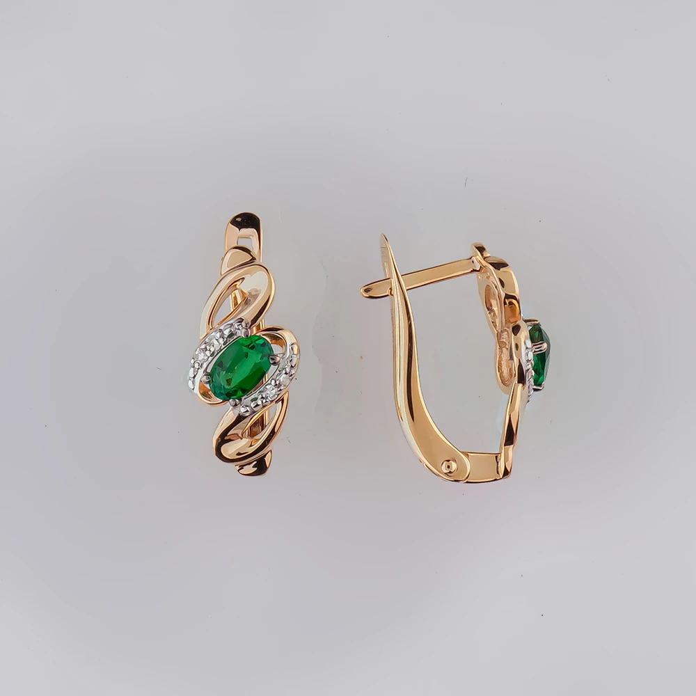 Серьги с изумрудом синтетическим из красного золота 585 пробы