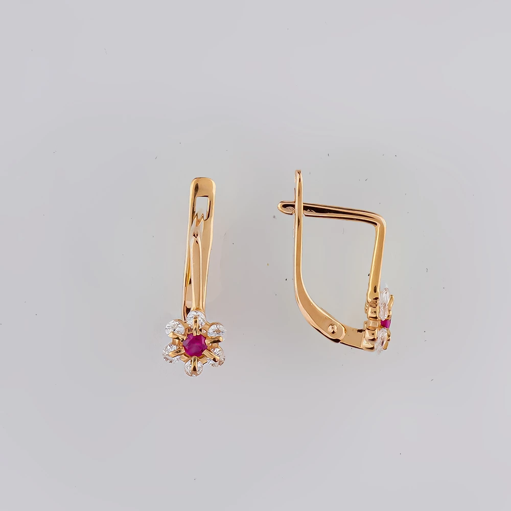 Серьги с фианитом из красного золота 585 пробы