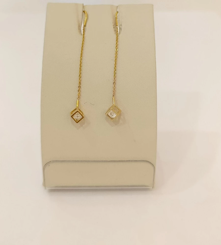 Серьги-продевки с фианитом из желтого золота 585 пробы