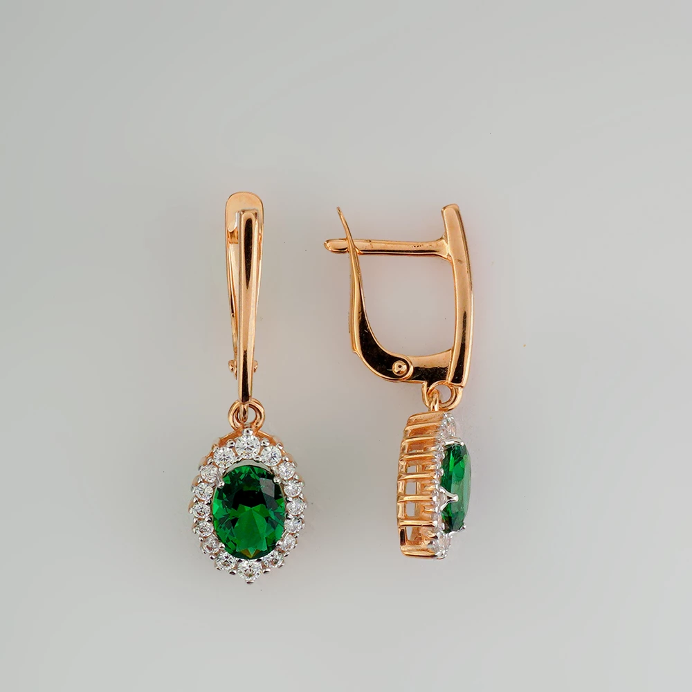 Серьги с изумрудом синтетическим из красного золота 585 пробы