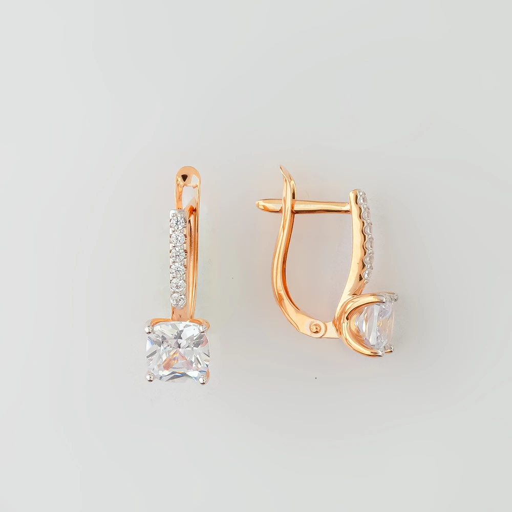 Серьги с фианитом из красного золота 585 пробы