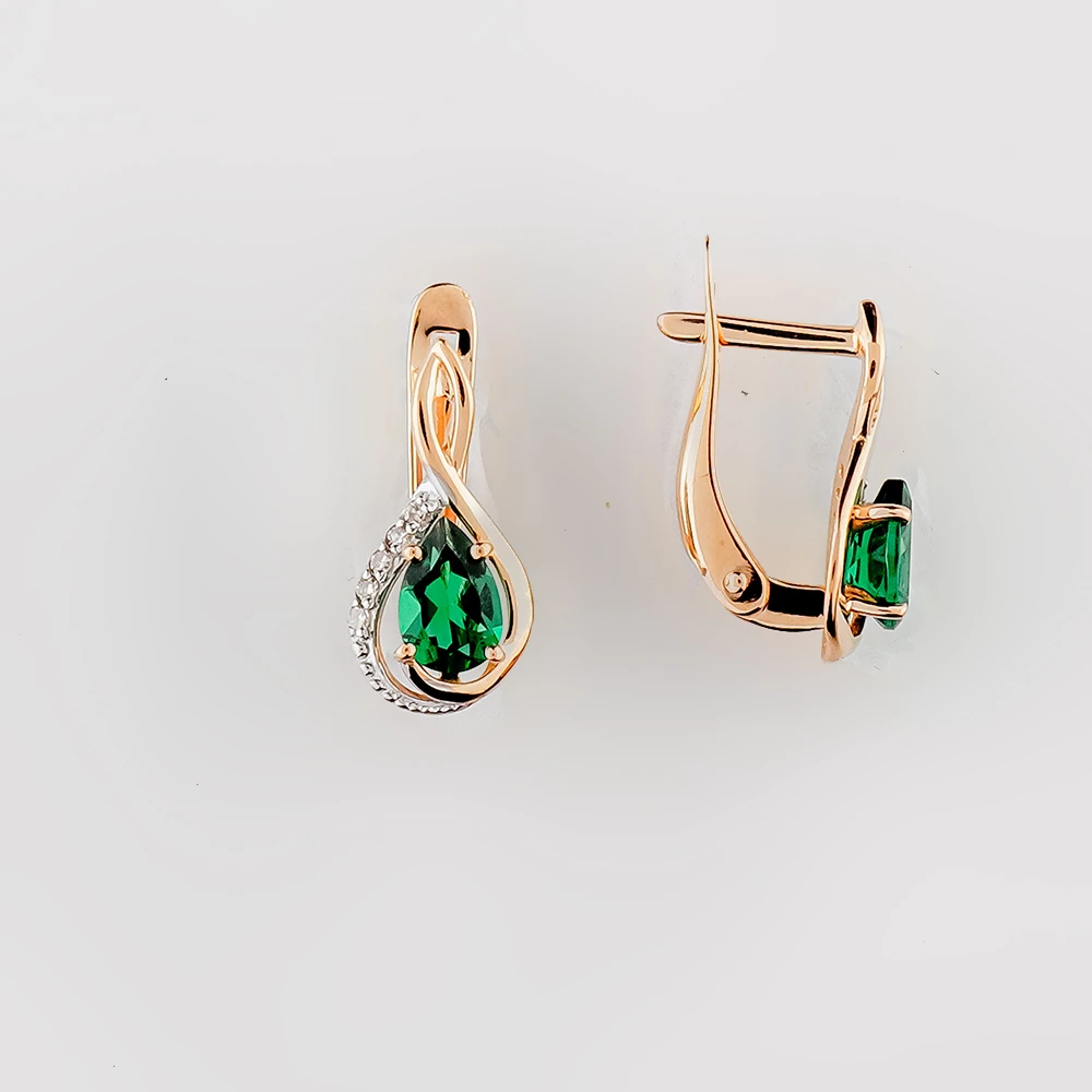 Серьги с изумрудом синтетическим из красного золота 585 пробы