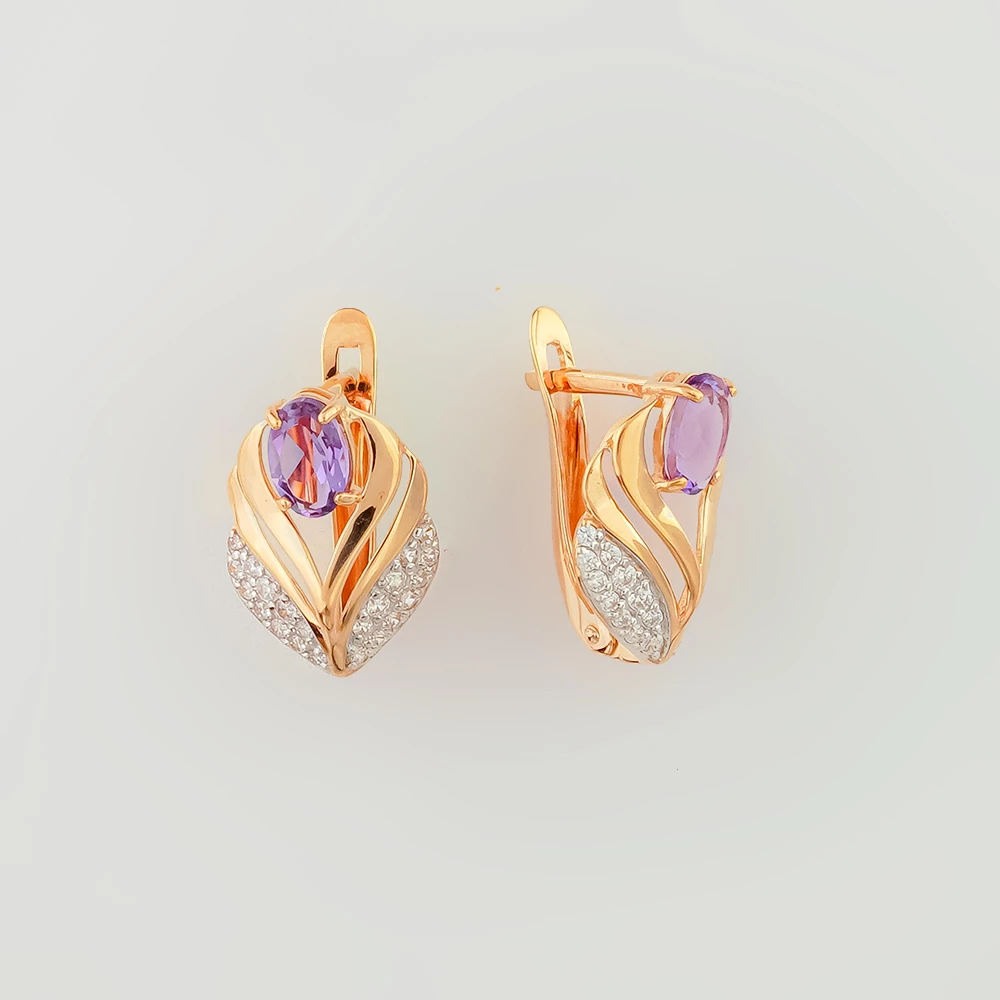 Серьги с аметистом из красного золота 585 пробы