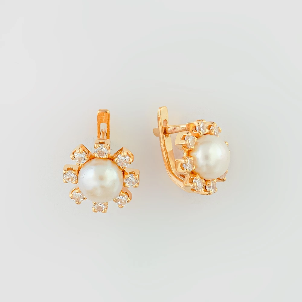 Серьги с культивированным жемчугом из красного золота 585 пробы