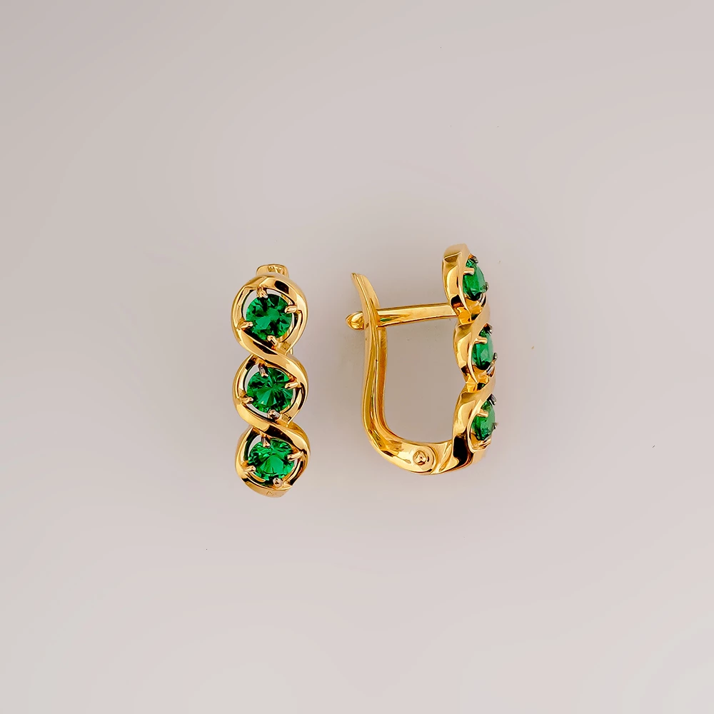 Серьги с изумрудом синтетическим из желтого золота 585 пробы