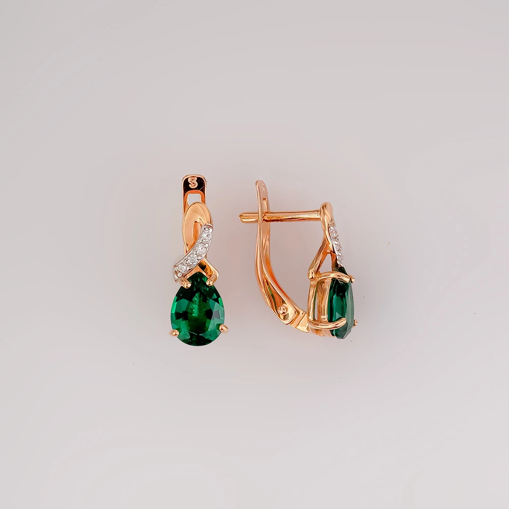 Серьги с изумрудом синтетическим из красного золота 585 пробы