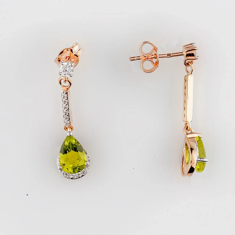 Серьги с хризолитом из красного золота 375 пробы