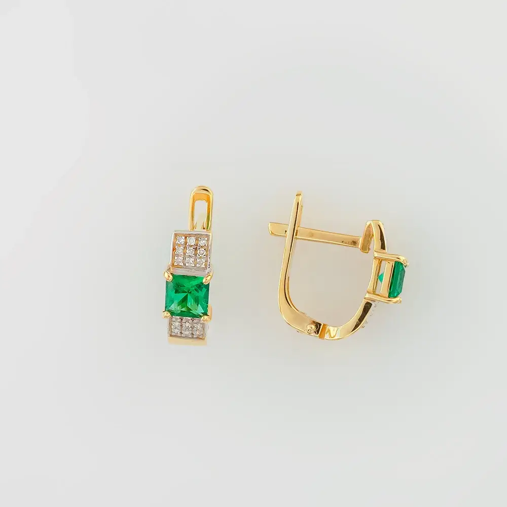 Серьги с изумрудом синтетическим из желтого золота 585 пробы