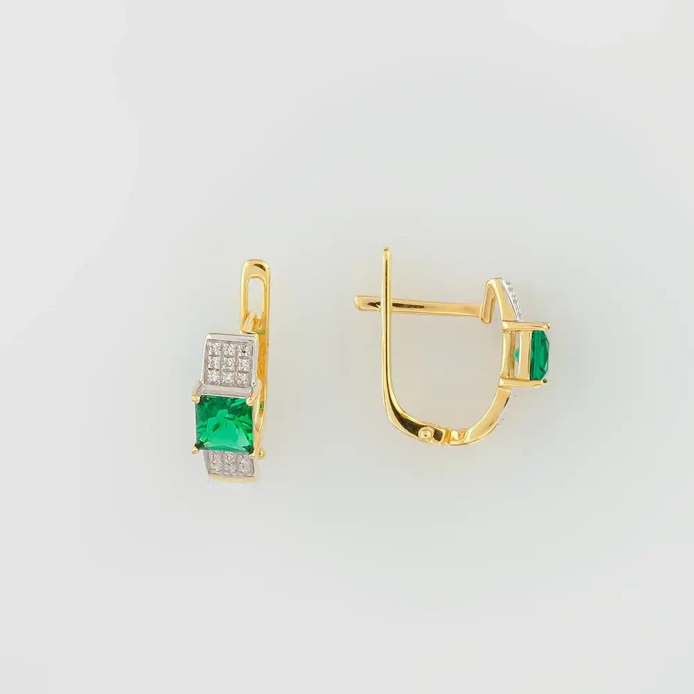 Серьги с изумрудом синтетическим из желтого золота 585 пробы
