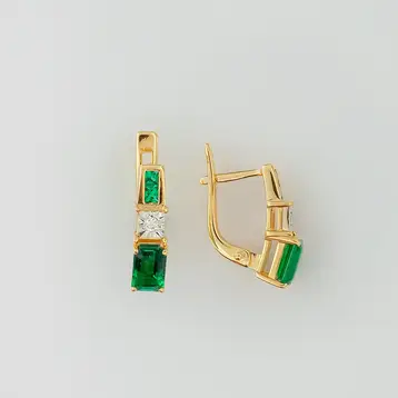 Серьги с изумрудом синтетическим из желтого золота 585 пробы