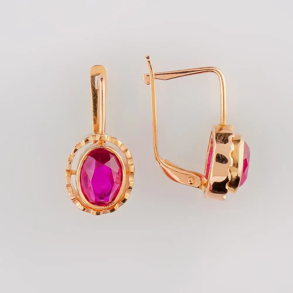 Серьги с корундом синтетическим из красного золота 583 пробы