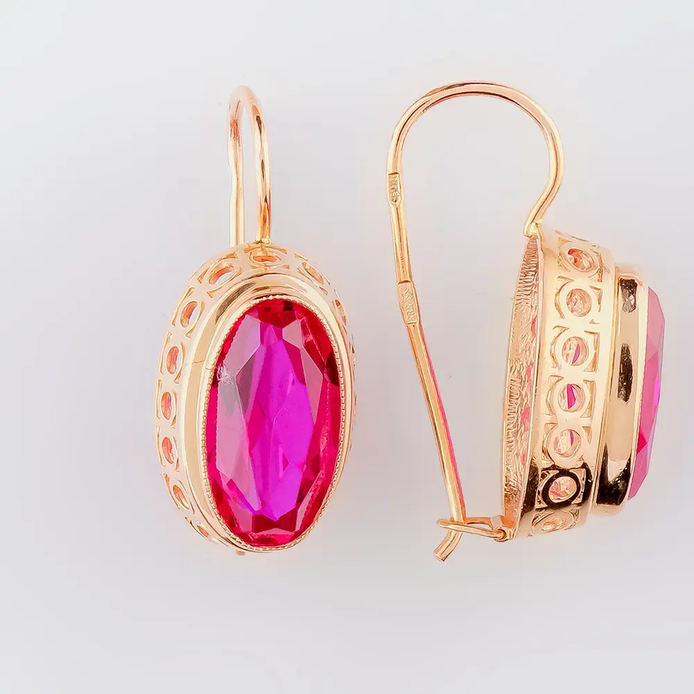 Серьги с корундом синтетическим из красного золота 583 пробы