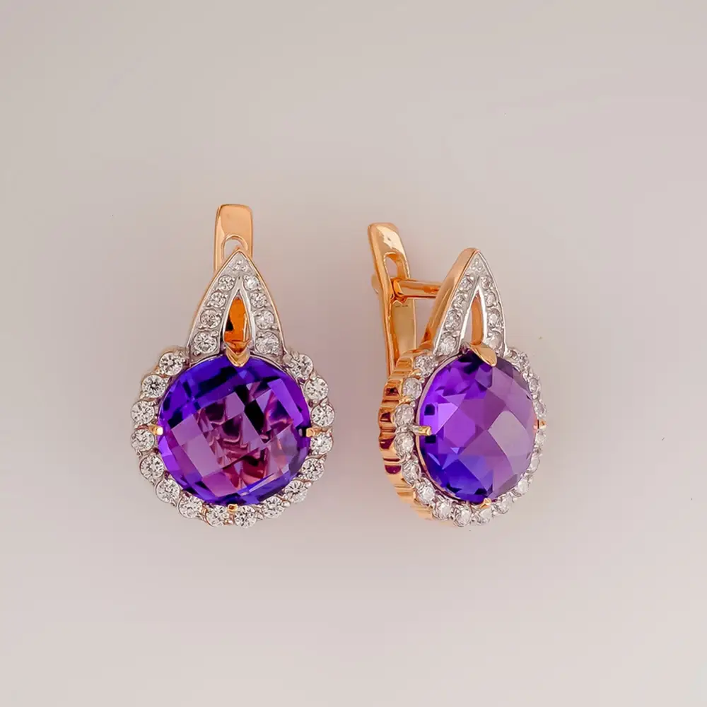 Серьги с аметистом из красного золота 585 пробы