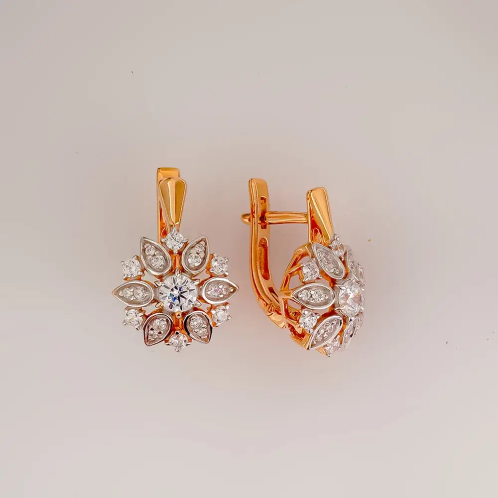 Серьги с фианитом из красного золота 585 пробы