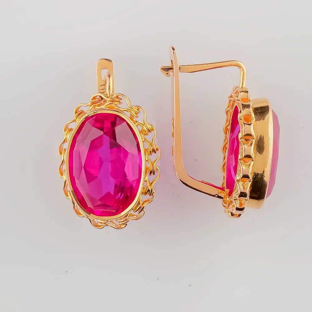 Серьги с корундом синтетическим из красного золота 583 пробы