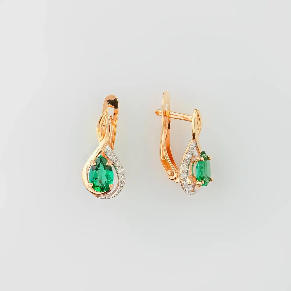 Серьги с изумрудом синтетическим из красного золота 585 пробы