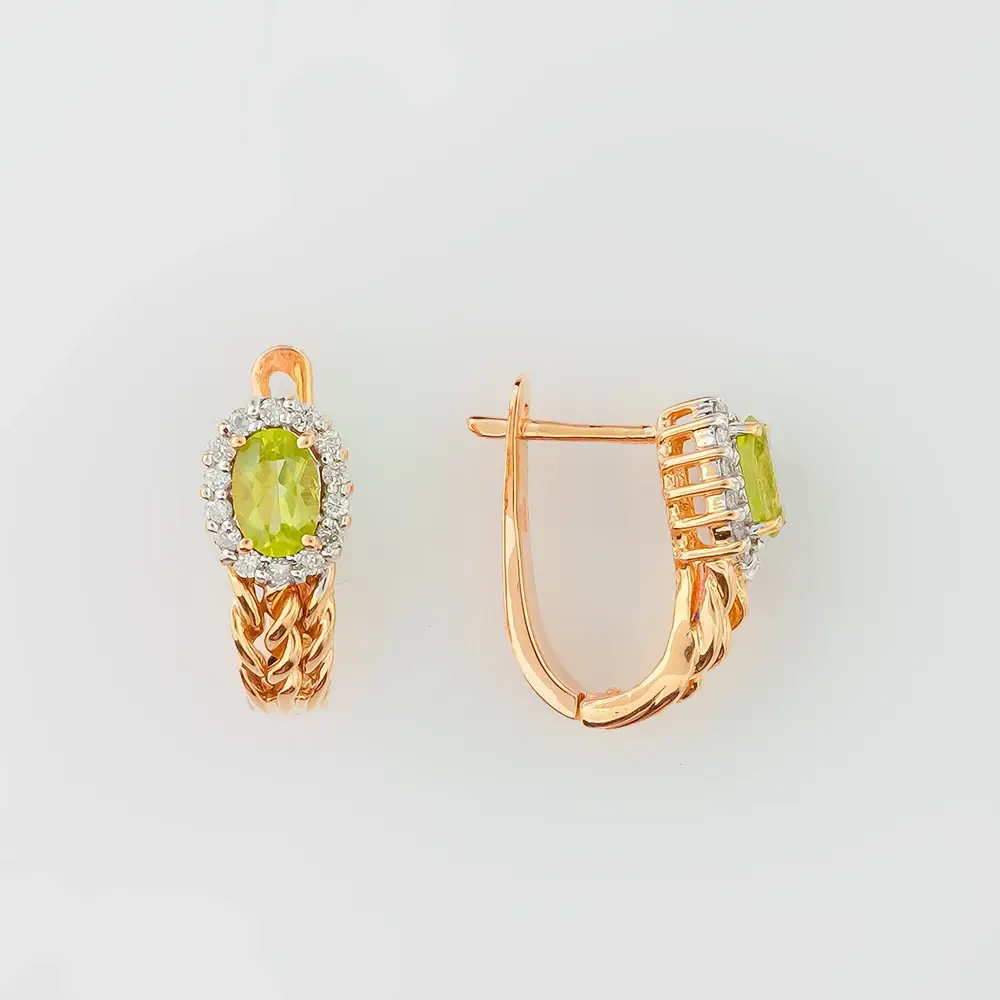 Серьги с хризолитом из красного золота 585 пробы