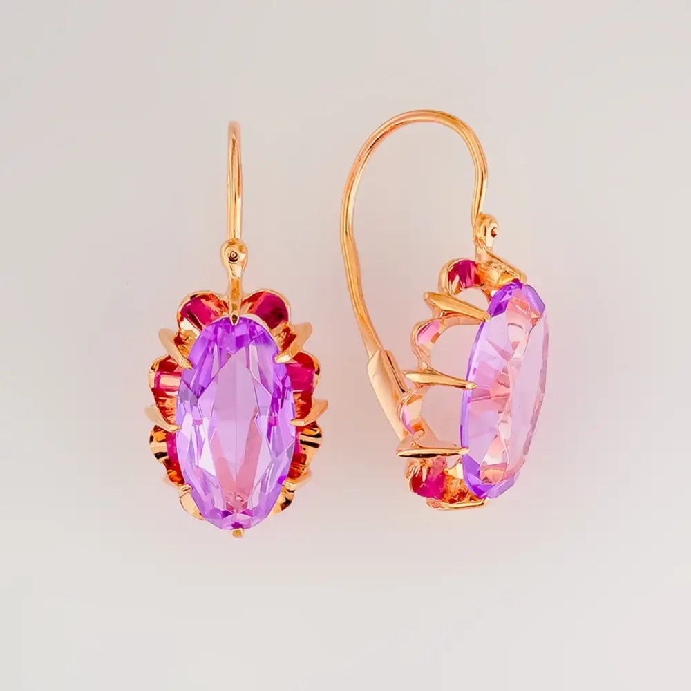 Серьги с корундом синтетическим из красного золота 583 пробы