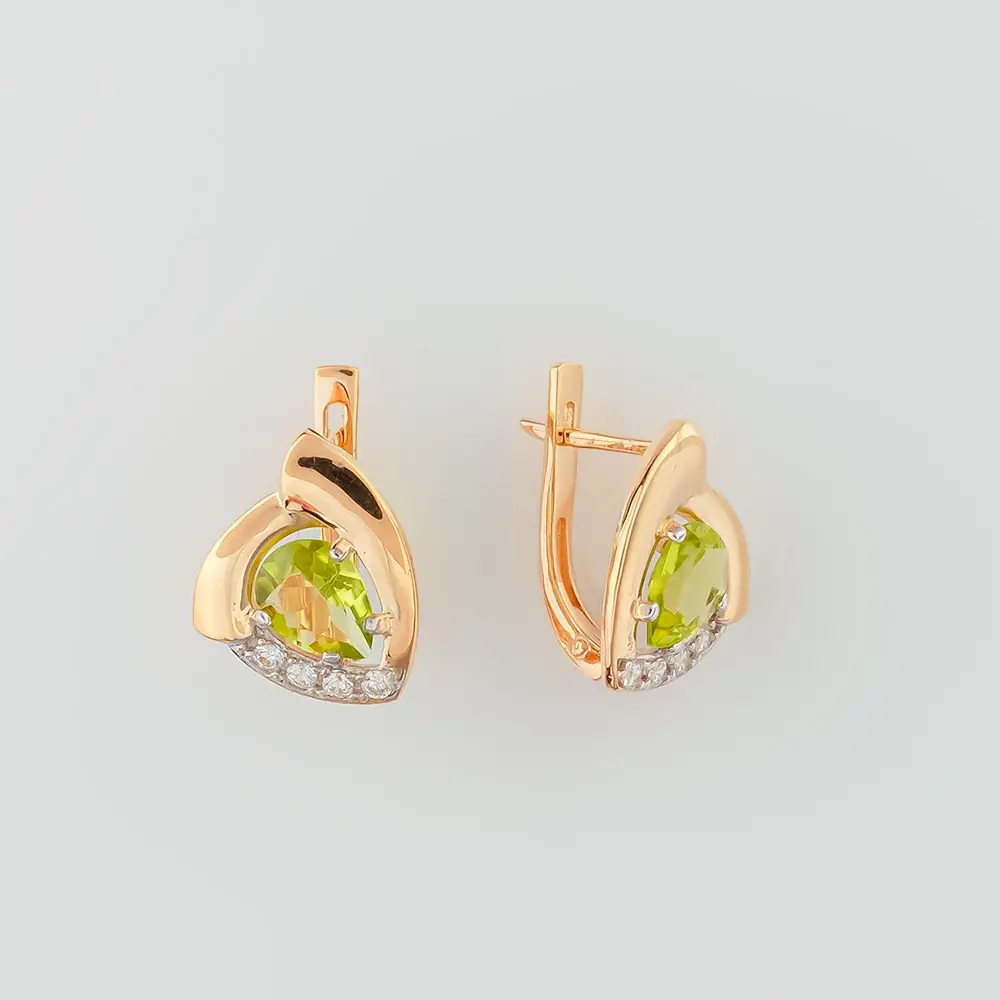 Серьги с хризолитом из красного золота 585 пробы