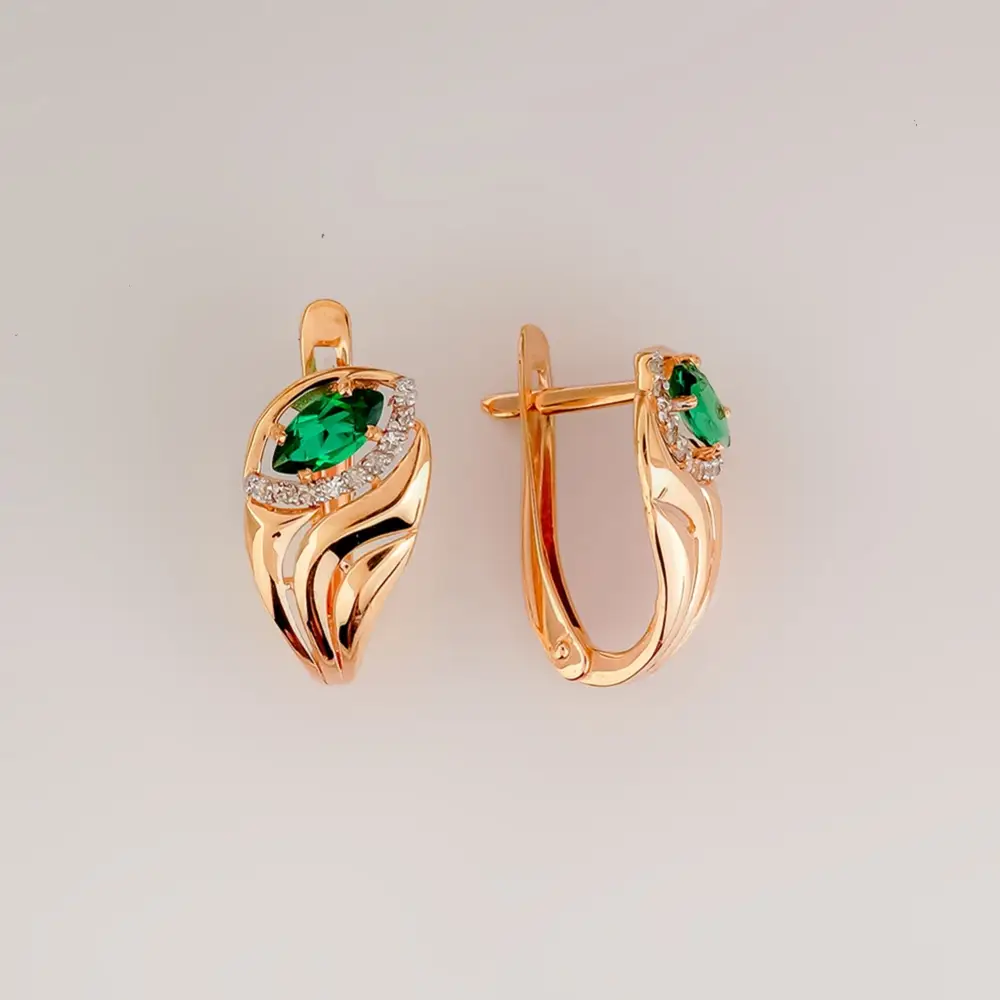 Серьги с изумрудом синтетическим из красного золота 585 пробы