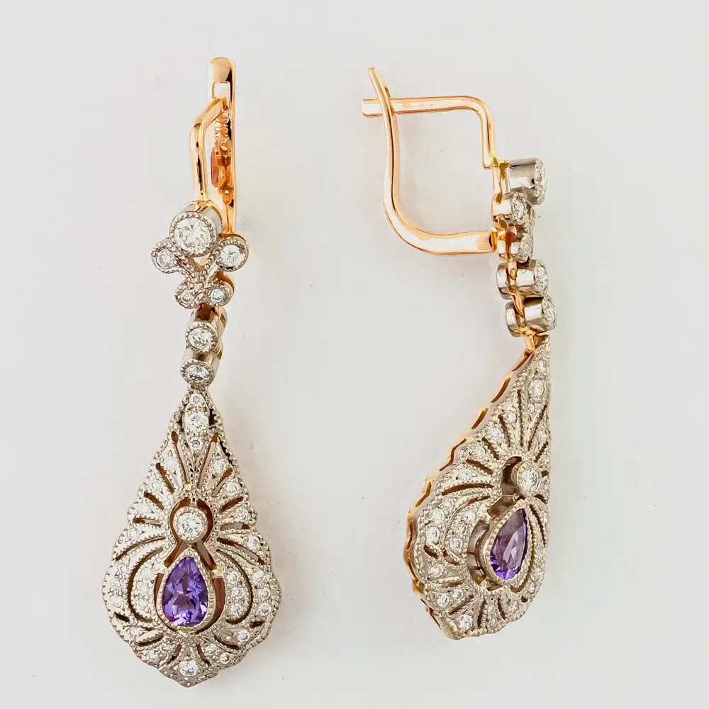 Серьги с аметистом из красного золота 585 пробы