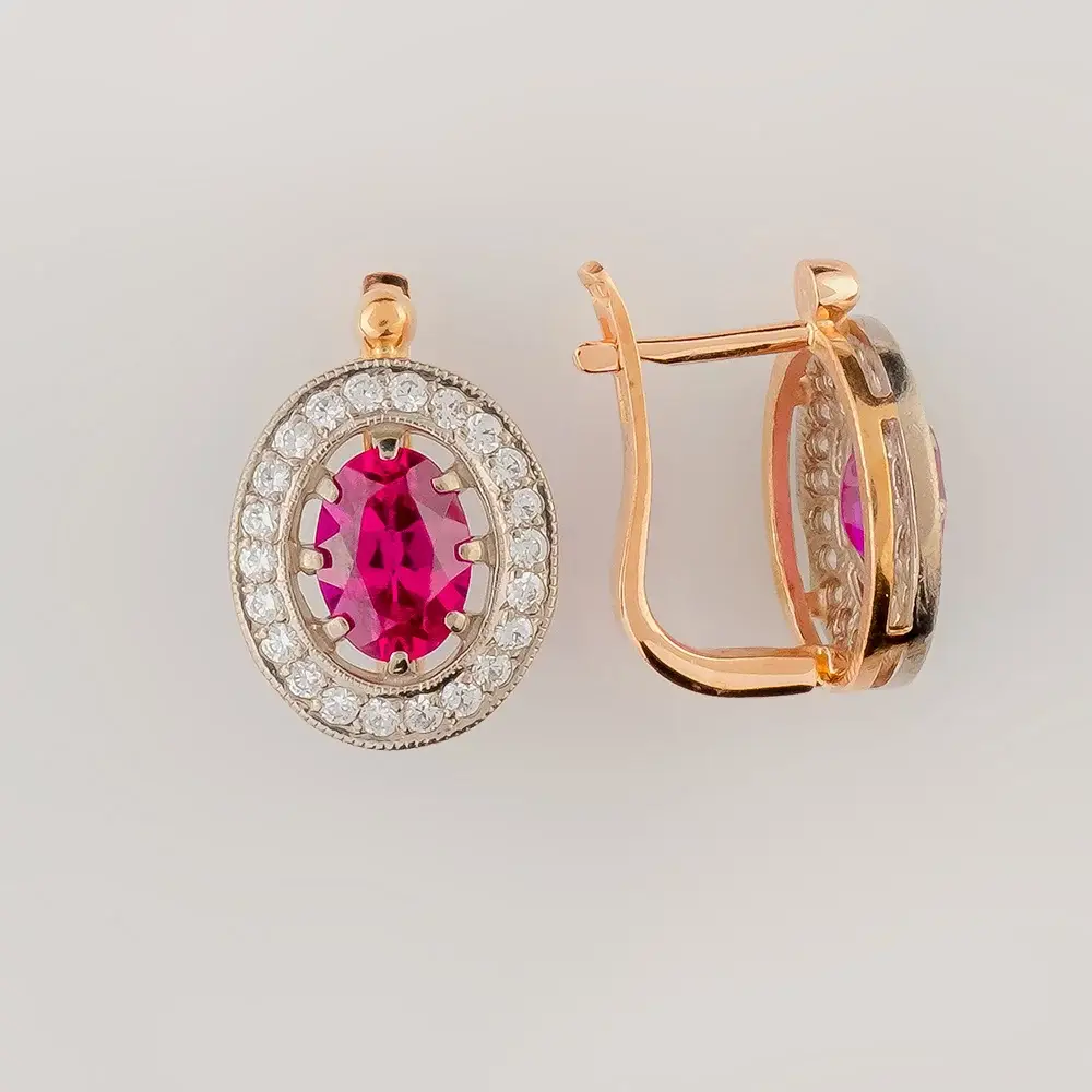Серьги с корундом синтетическим из красного золота 585 пробы