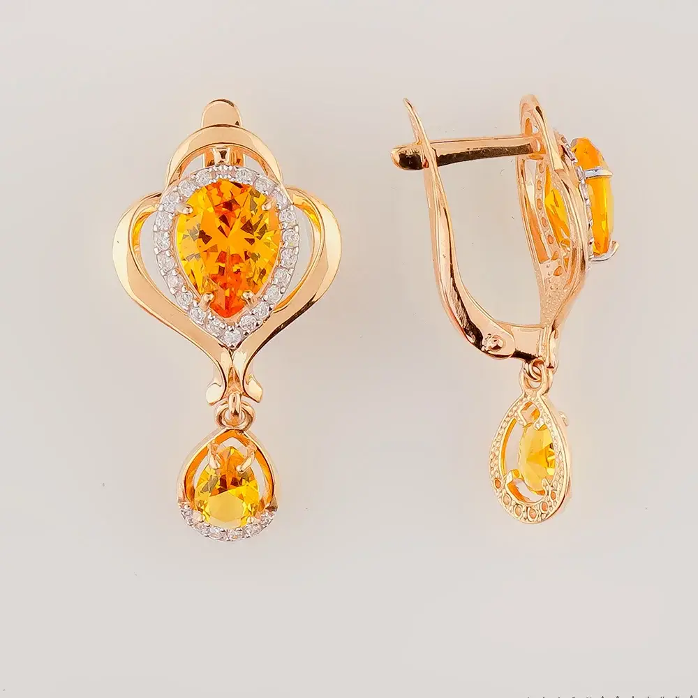 Серьги с цитрином из красного золота 585 пробы