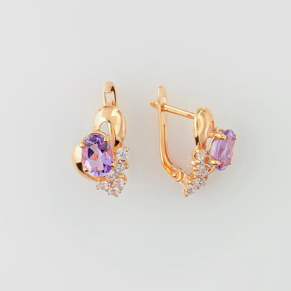 Серьги с аметистом из красного золота 585 пробы