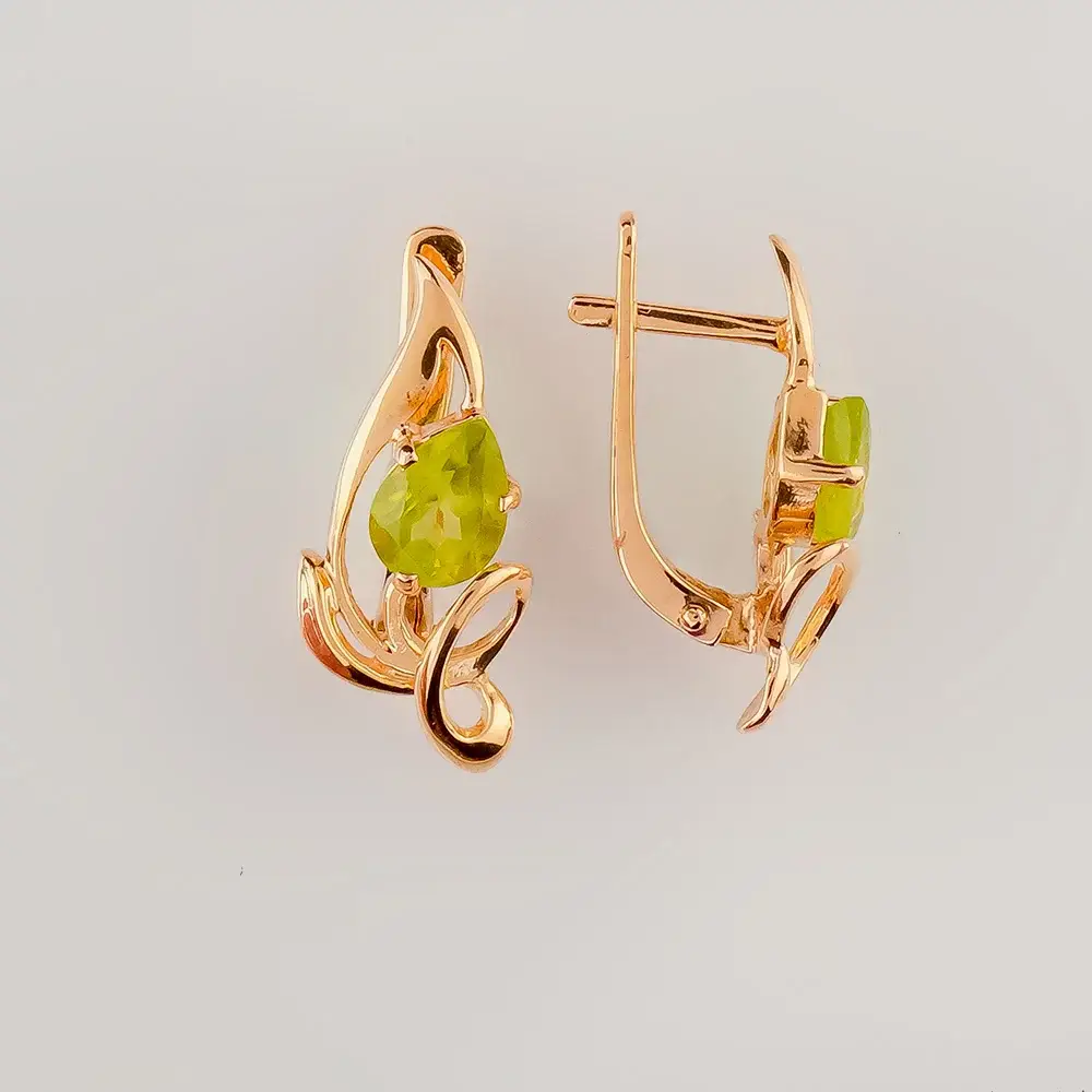 Серьги с хризолитом из красного золота 585 пробы
