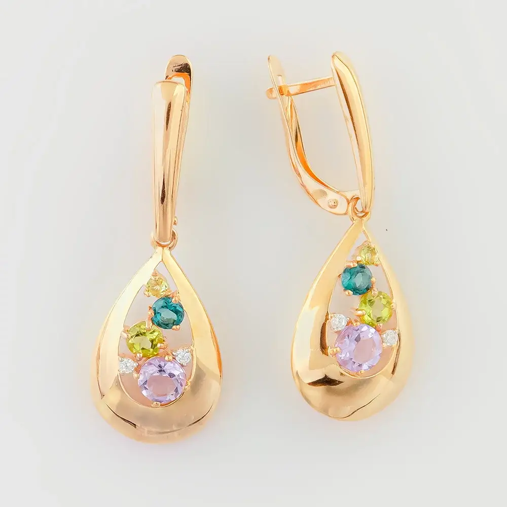Серьги с хризолитом из красного золота 585 пробы