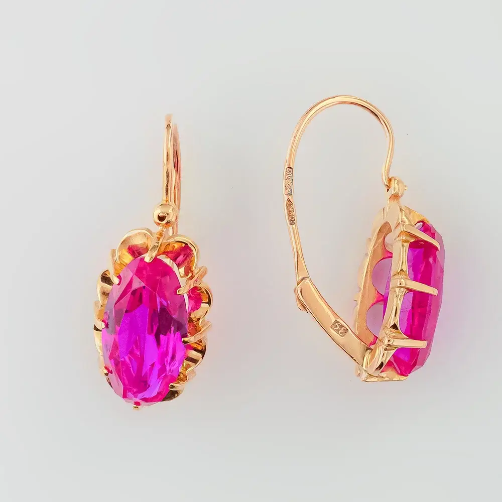 Серьги с корундом синтетическим из красного золота 585 пробы