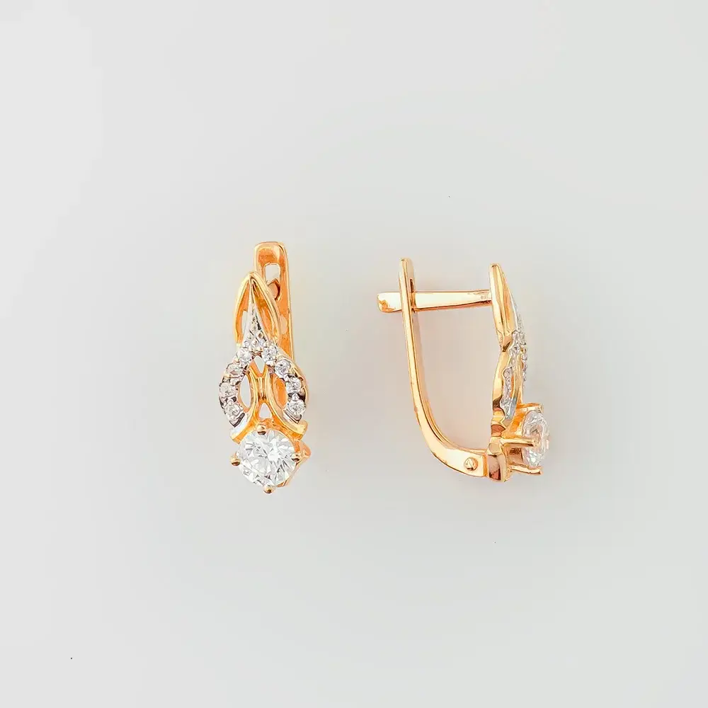 Серьги с фианитом из красного золота 585 пробы