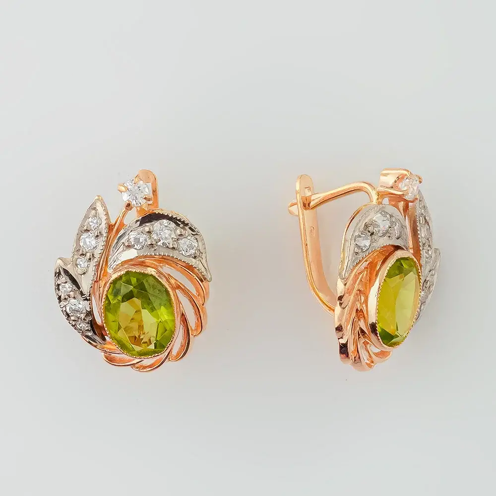 Серьги с хризолитом из красного золота 585 пробы